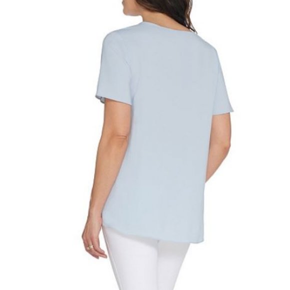 H by Halston V-Neck Short Sleeve Top Ruffle Detail - Picture 2 of 2